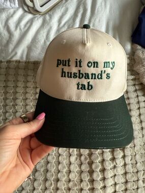 Cream and Dark Green Embroidered Baseball Cap - Put It On My Husband's Tab